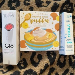 Glo wrinkle treatment, Eyeshadow and sunscreen.